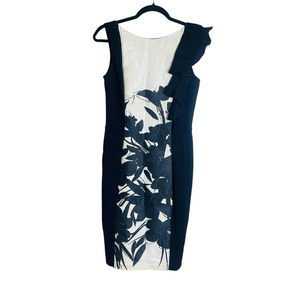 Hilton Hollis Dress Womens 4 Black White Sleeveless Ruffle Floral Panel Elegant